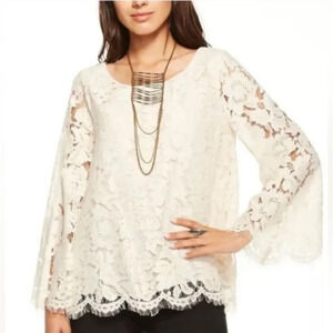CHASER Medium Metallic Ivory Lace Open Back Bell Sleeve Lined Blouse Top